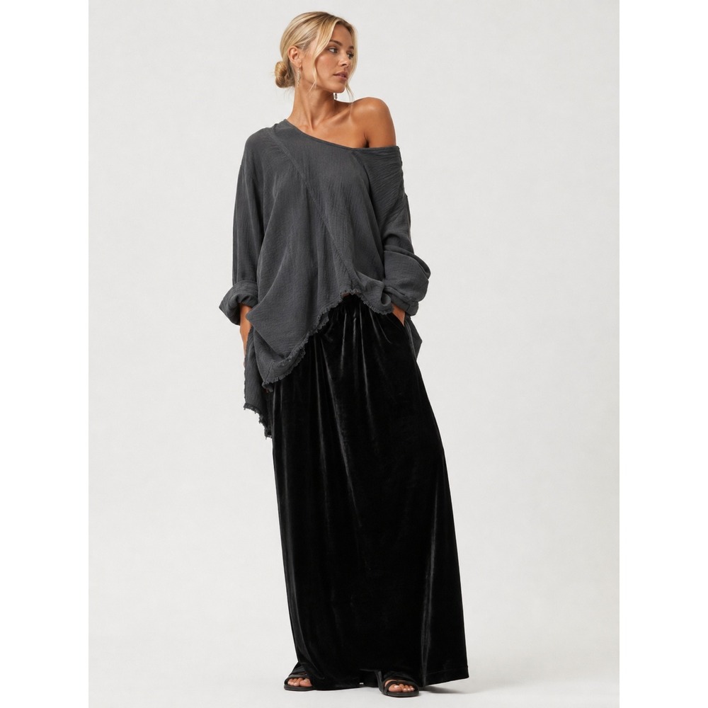 Eileen Fisher Womens Black Velvet Maxi Skirt Made in USA L
